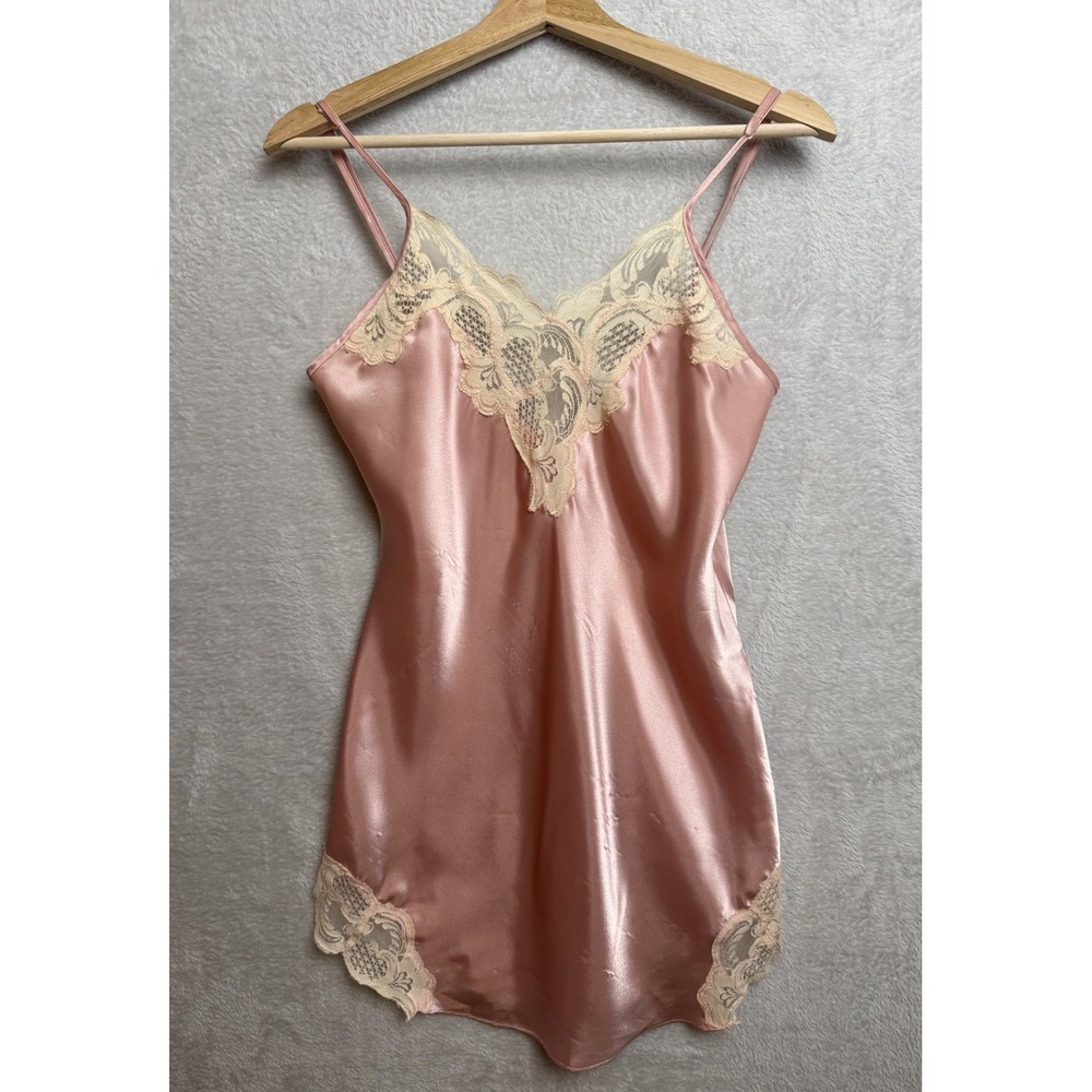 Vintage Victoria's Secret Gold Label Pink Lace Trim Lingerie Mini Slip Dress S